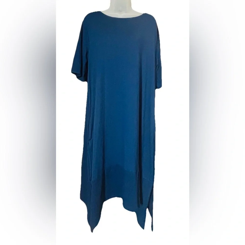 Cuddl Duds Flexwear Elbow Sleeve Rainbow Hem Lounge Dress Navy Size XL Pockets